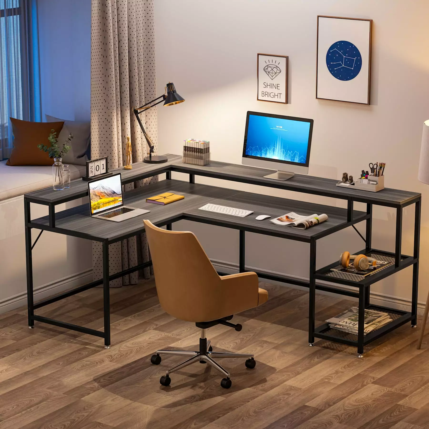 Tribesigns 69 Inch Reversible L Shaped Computer Desk Monitor Stand and Storage Shelf