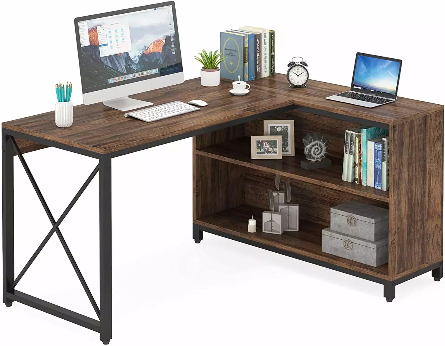Tribesigns Reversible Industrial L-Shaped Desk Enclosed Storage Shelves Home Office Brown