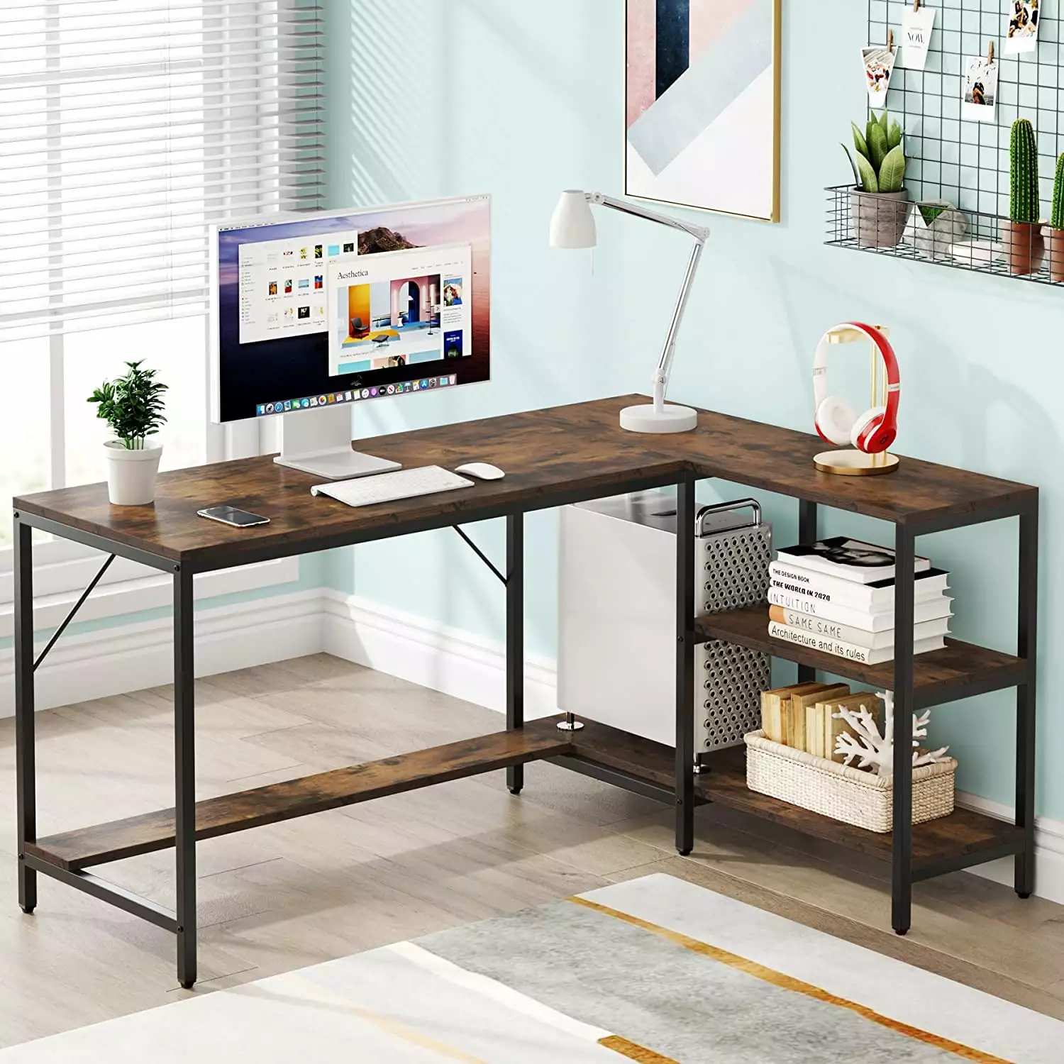 Tribesigns Rustic Brown L Shaped Desk Storage Shelves Home Office Workstation