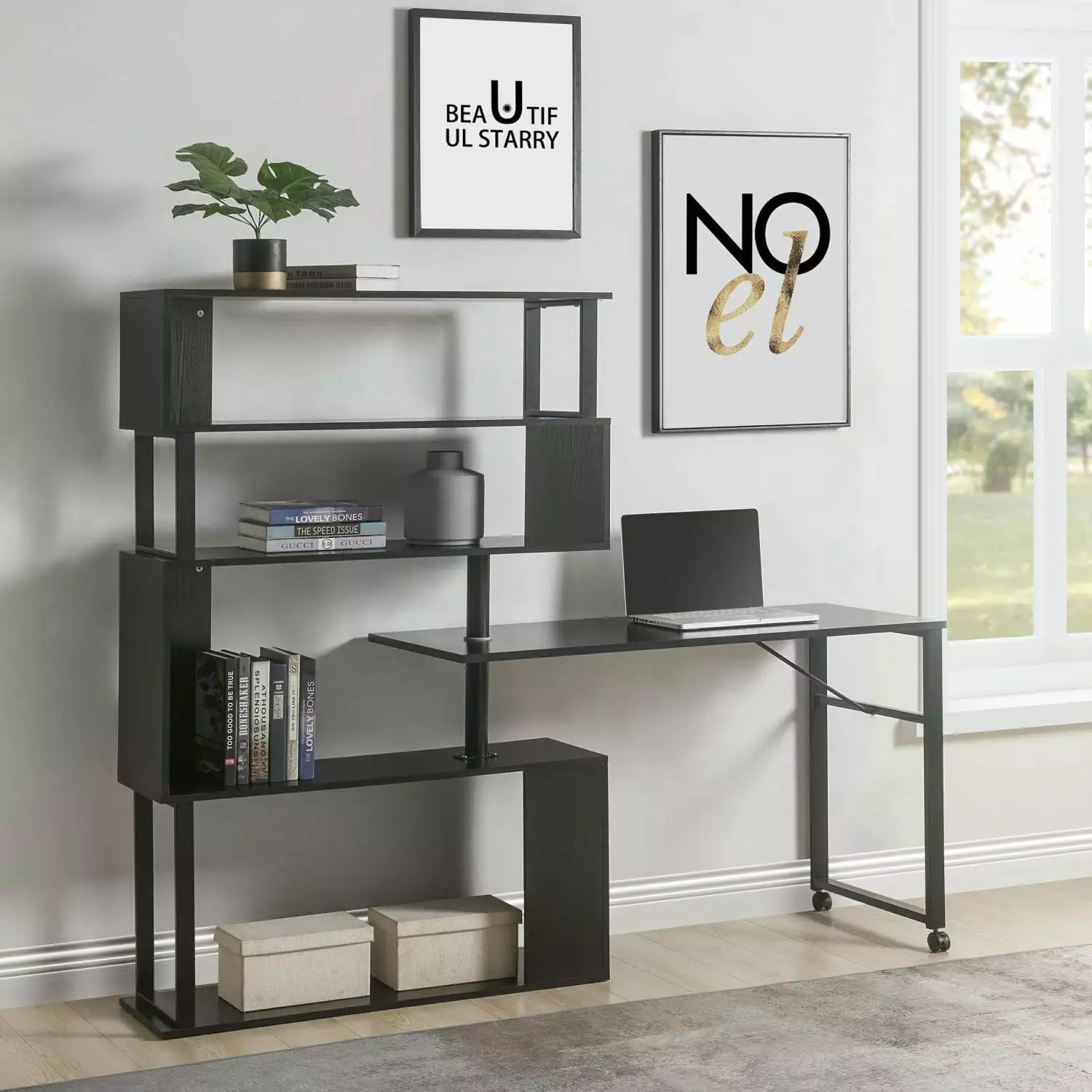 Home Office Computer Desk L-Shaped Corner Table Rotating Computer Table 5-Story Bookshelf Four Installation Methods Lockab...