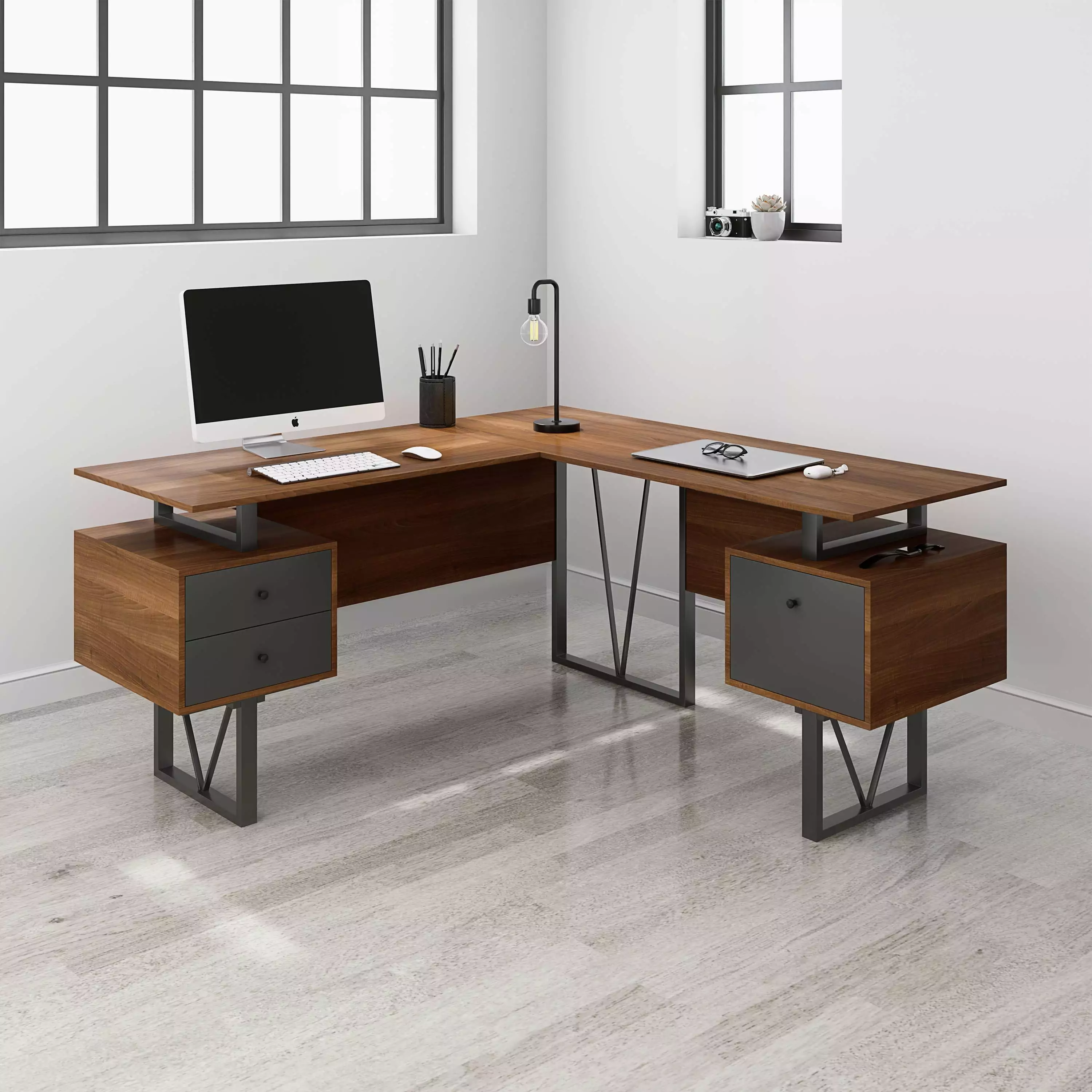 UBesGoo L Shaped Computer Desk Gaming Desk Drawers File Cabinet Walnut