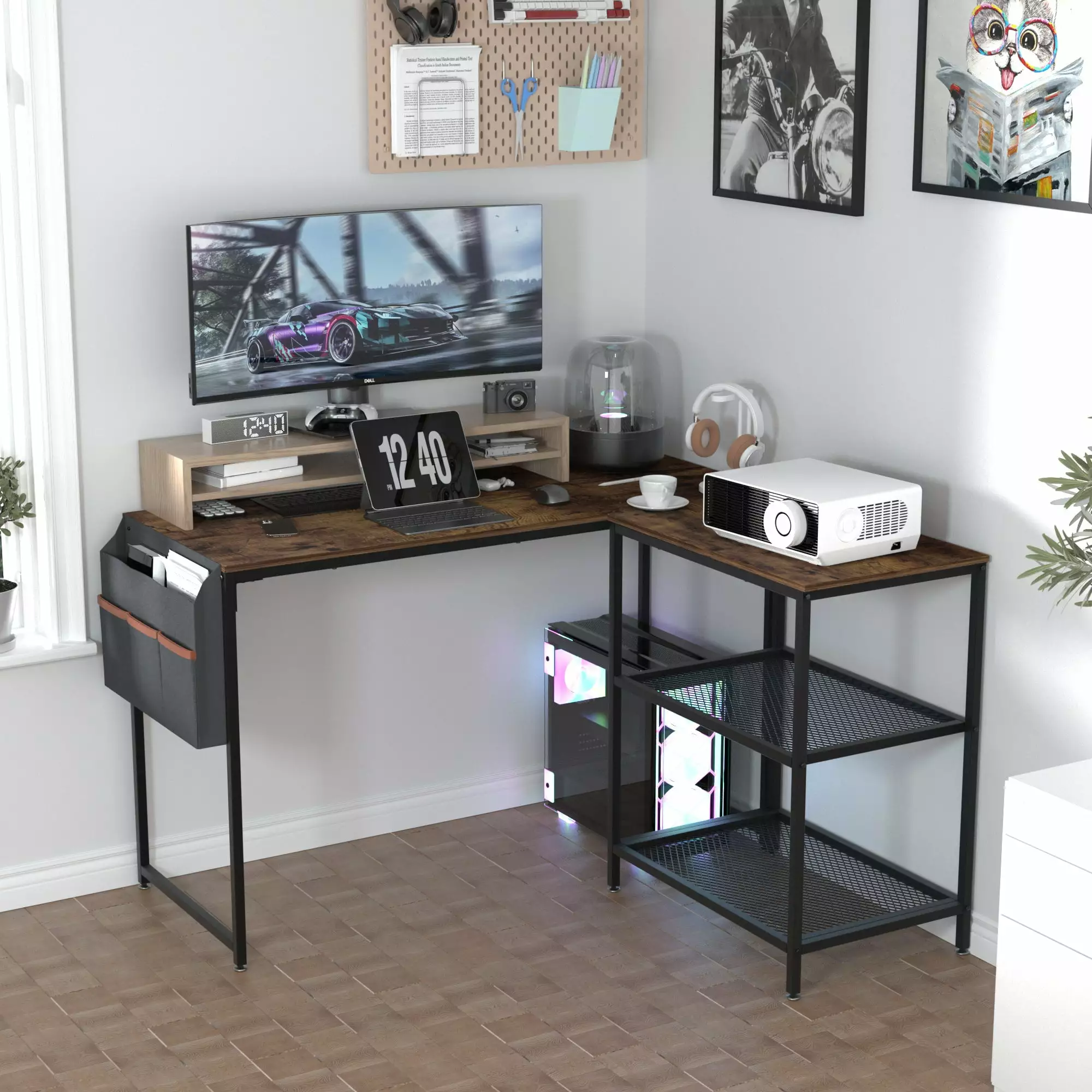 VECELO Brown L-Shaped Computer Desk 2-Tier Storage Shelf Gaming and Study