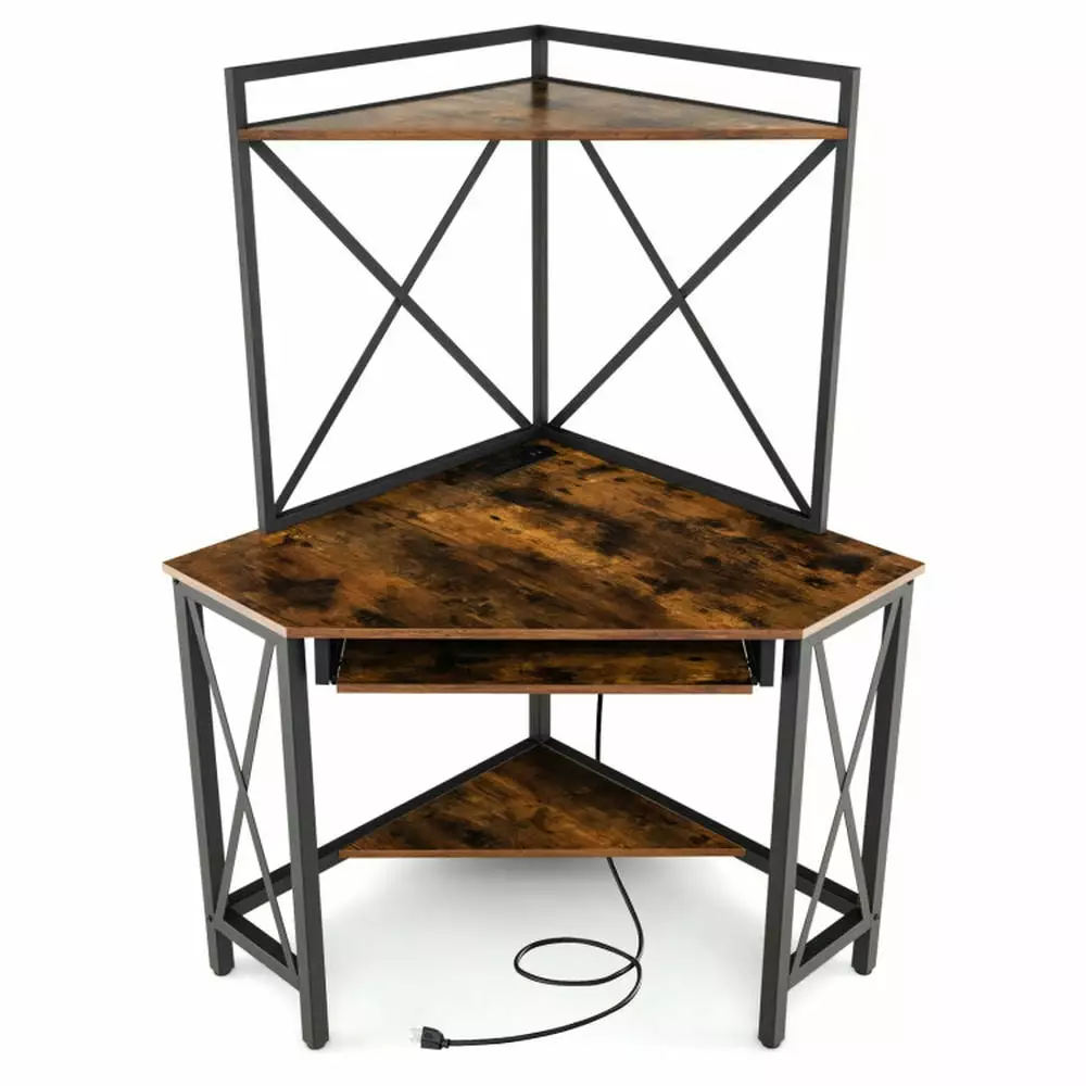 Yardi Yard Rust Brown Space-Saving Corner Computer Desk Hutch and Keyboard Tray