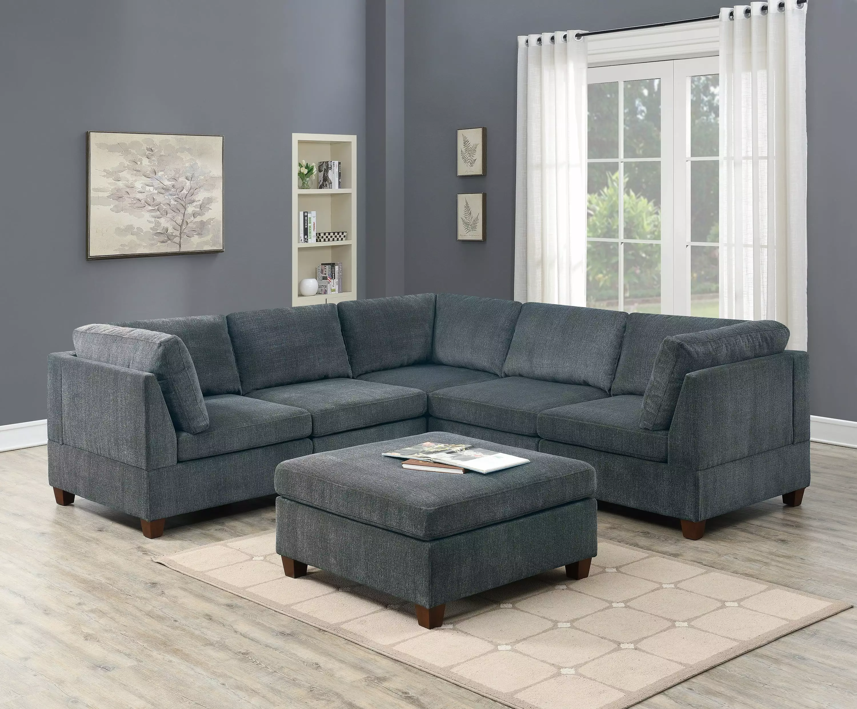Homiyad Grey Chenille Modular Sectional 6pc Set 3 Corner Wedges 2 Armless Chairs and 1 Ottoman
