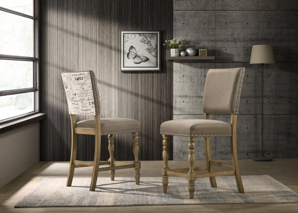 Birmingham Script Printed Driftwood Finish Counter Height Dining Chair Set 2 hz