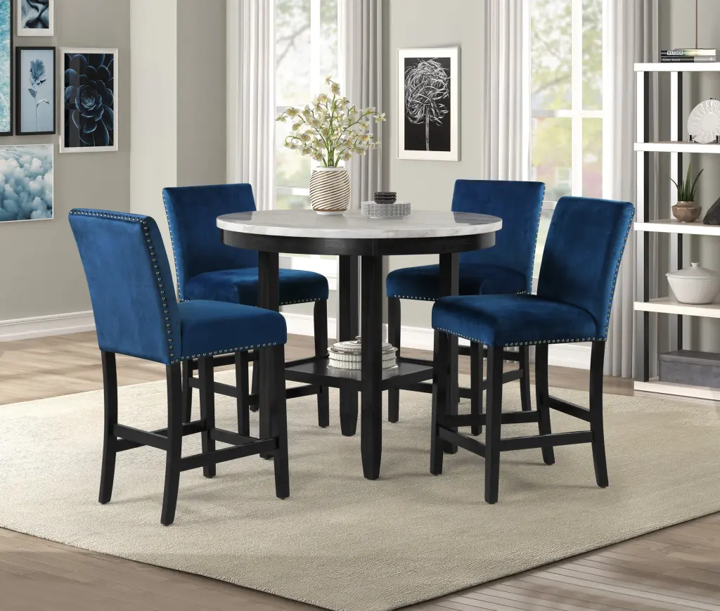 Transitional 5 Piece Round Counter Height Dining Table Set Faux Marble Upholstered Chairs kanepe