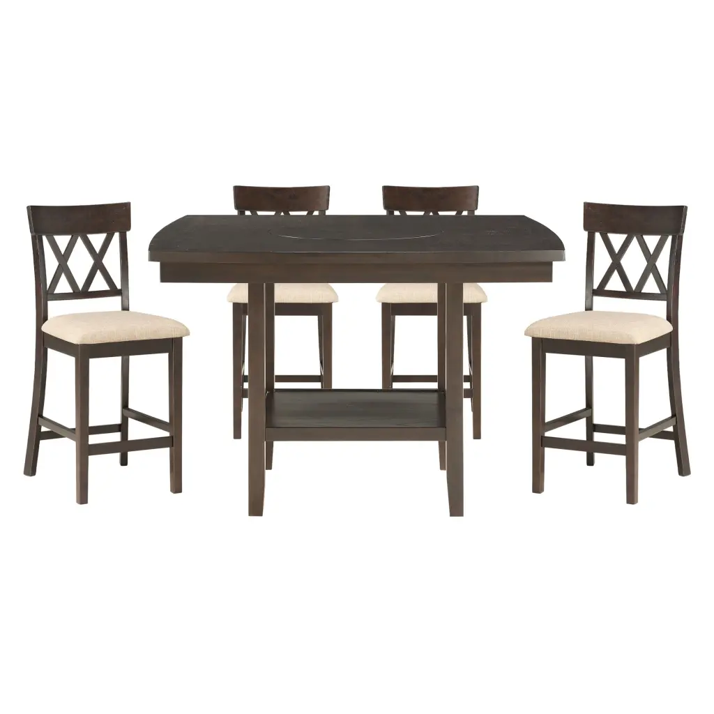Dark Brown Finish Counter Height Table Lazy Susan Lower Presentation Shelf - Versatile Kitchen Furniture kanepe