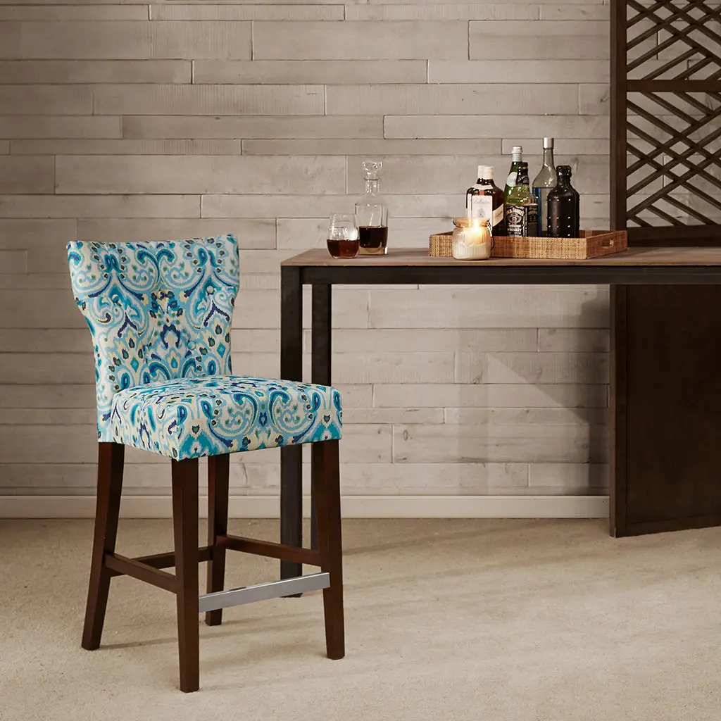 Tufted Back Counter Stool Blue Polyester Upholstered Kitchen Bar Stool jla