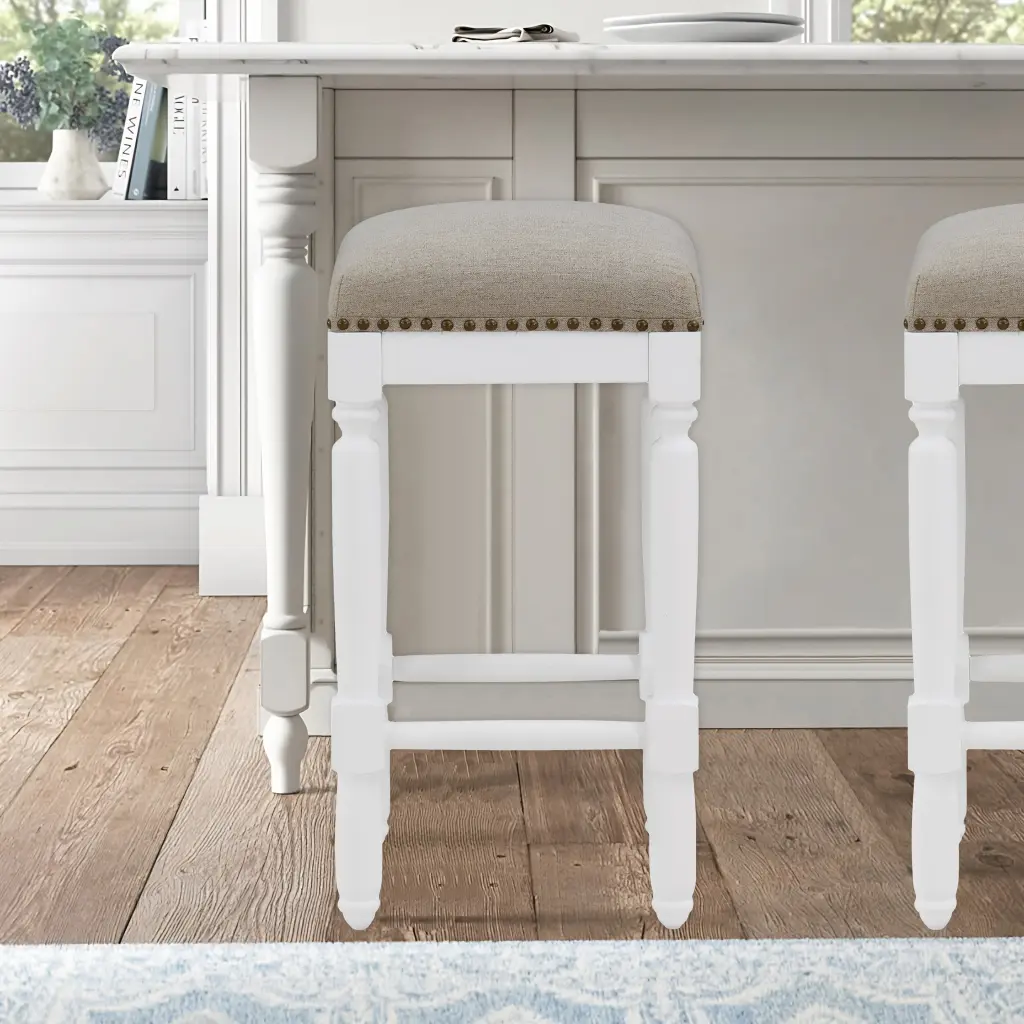 Dutton White Turned Leg Counter Stool Taupe Upholstered Seat ridgecrest home