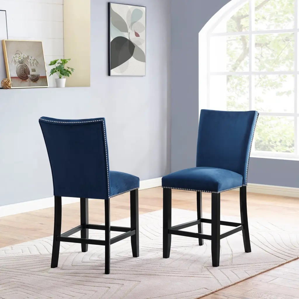 Camila Velvet Counter Chair Set 2 Blue Wood steve silver furniture