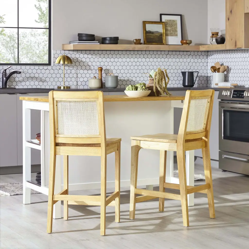 Transitional Solid Wood and Rattan Counter Stool Set 2 Natural Finish walker edison
