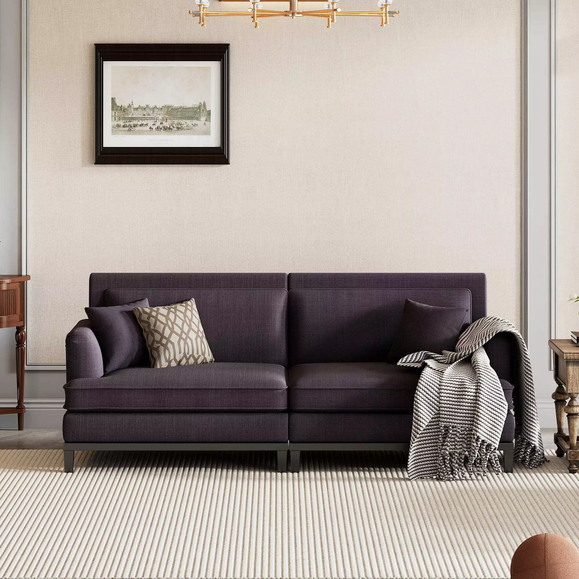 U-style Upholstered Country Style Sofa Wooden Legs and Two Throw Pillows U Style