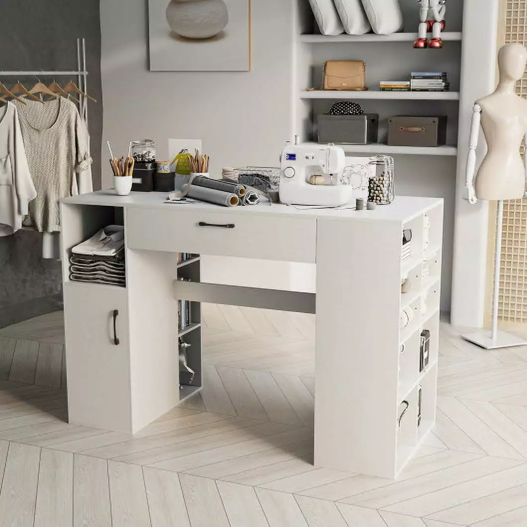 Counter Height Sewing Craft Table Computer Desk Adjustable Shelves and Drawer White CostwayINC