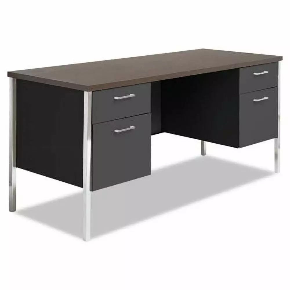 Alera Double Pedestal Steel Credenza Desk 60w x 24d Walnut Black