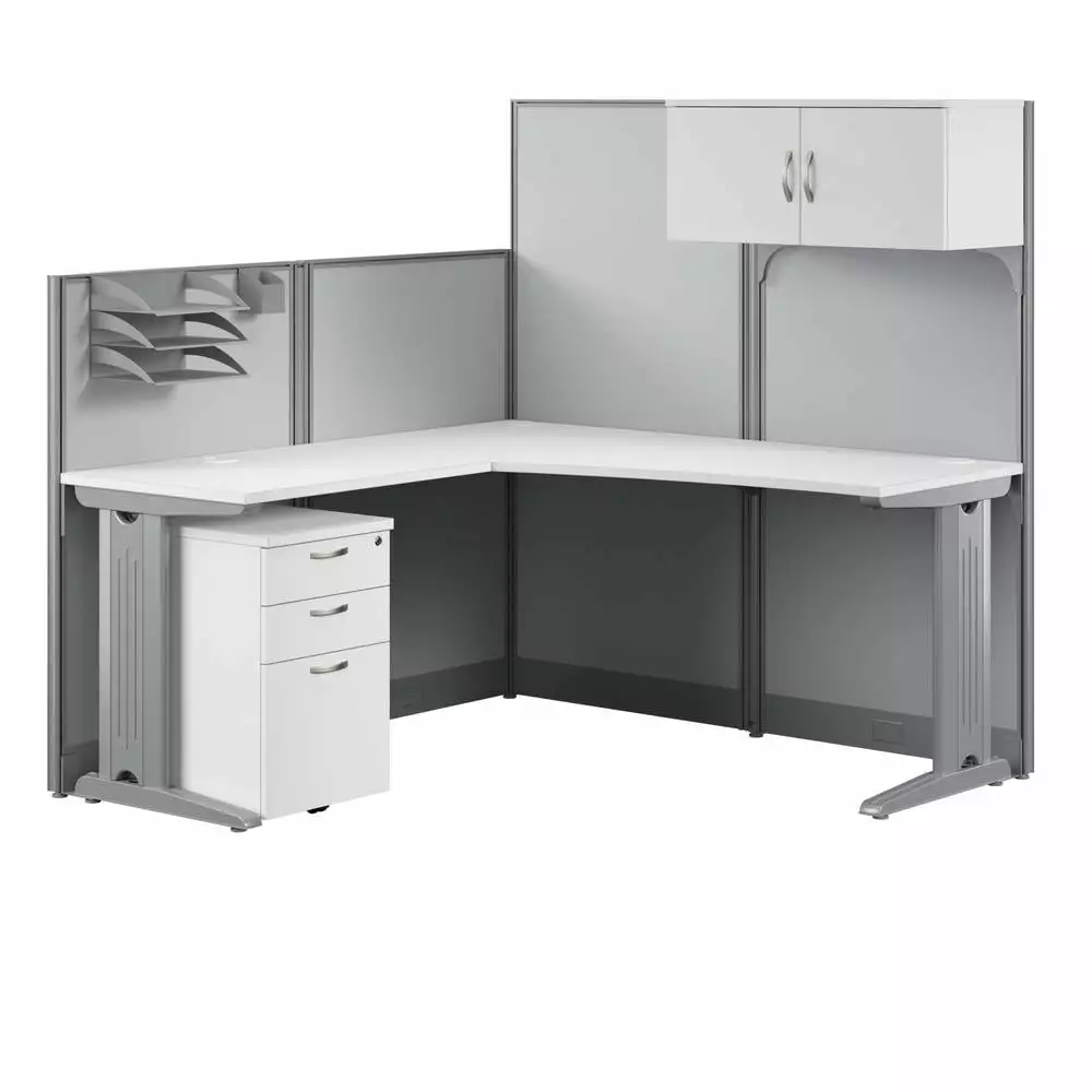 Office Hour L Cubicle Desk Storage Pure White Engineered Wood BBF