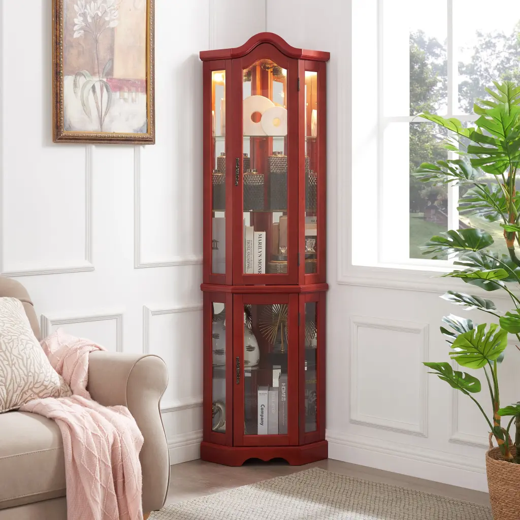 Lighted Glass Curio Cabinet Tempered Glass Doors Display Case rnb