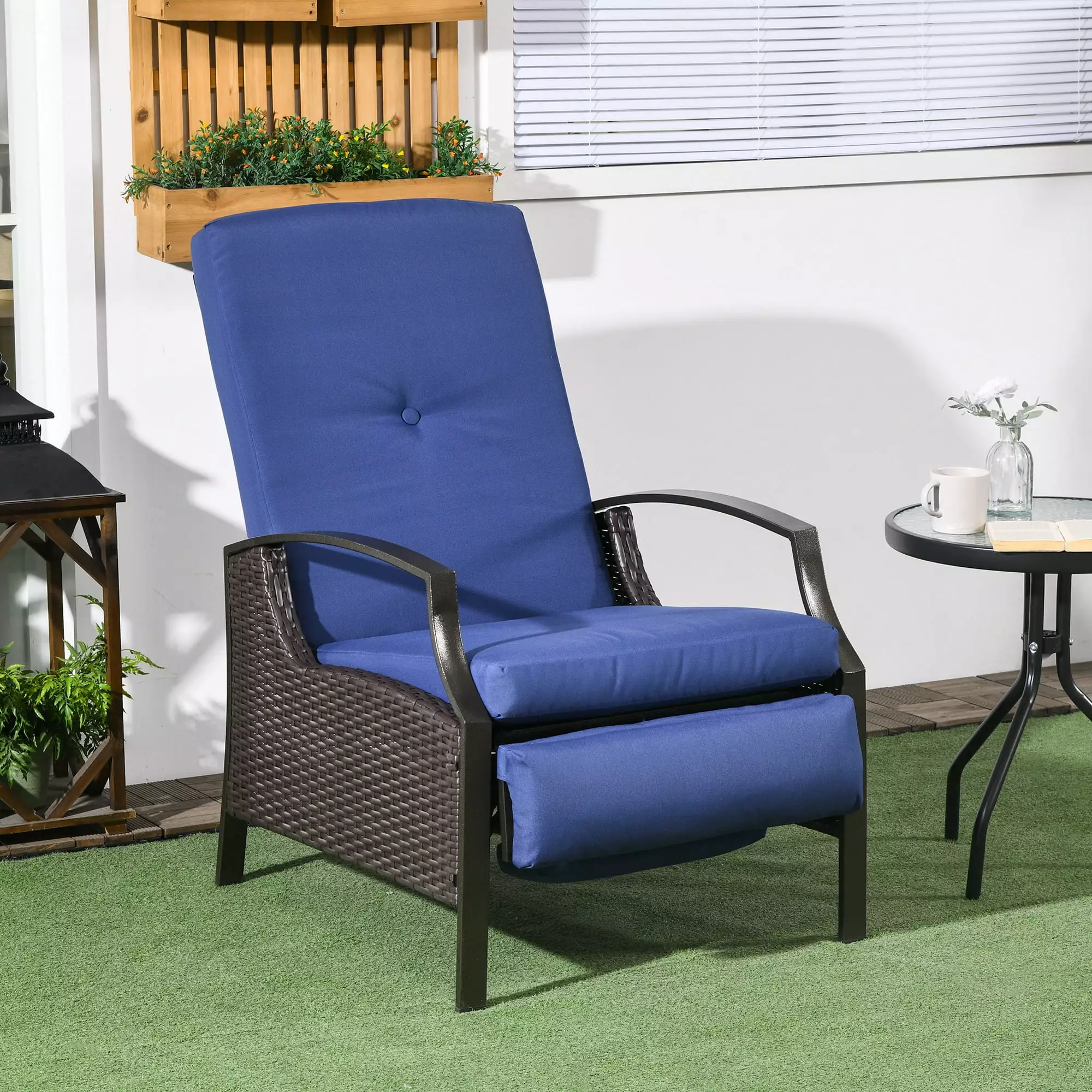 Outsunny Outdoor Recliner Chair Footrest and Cushions Dark Blue Patio Furniture