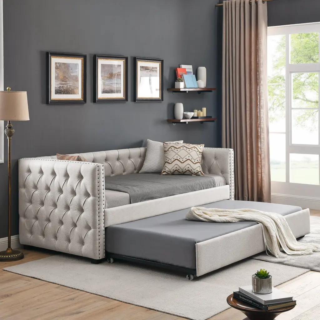 Daybed Trundle Upholstered Tufted Sofa Bed Button and Copper Accents chuangyuan smart home