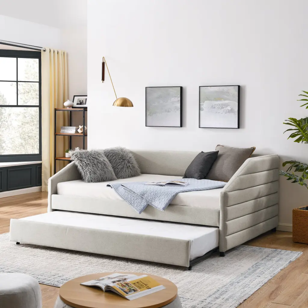 Full Size Daybed Trundle Upholstered Tufted Sofa Bed Linen Fabric chuangyuan smart home