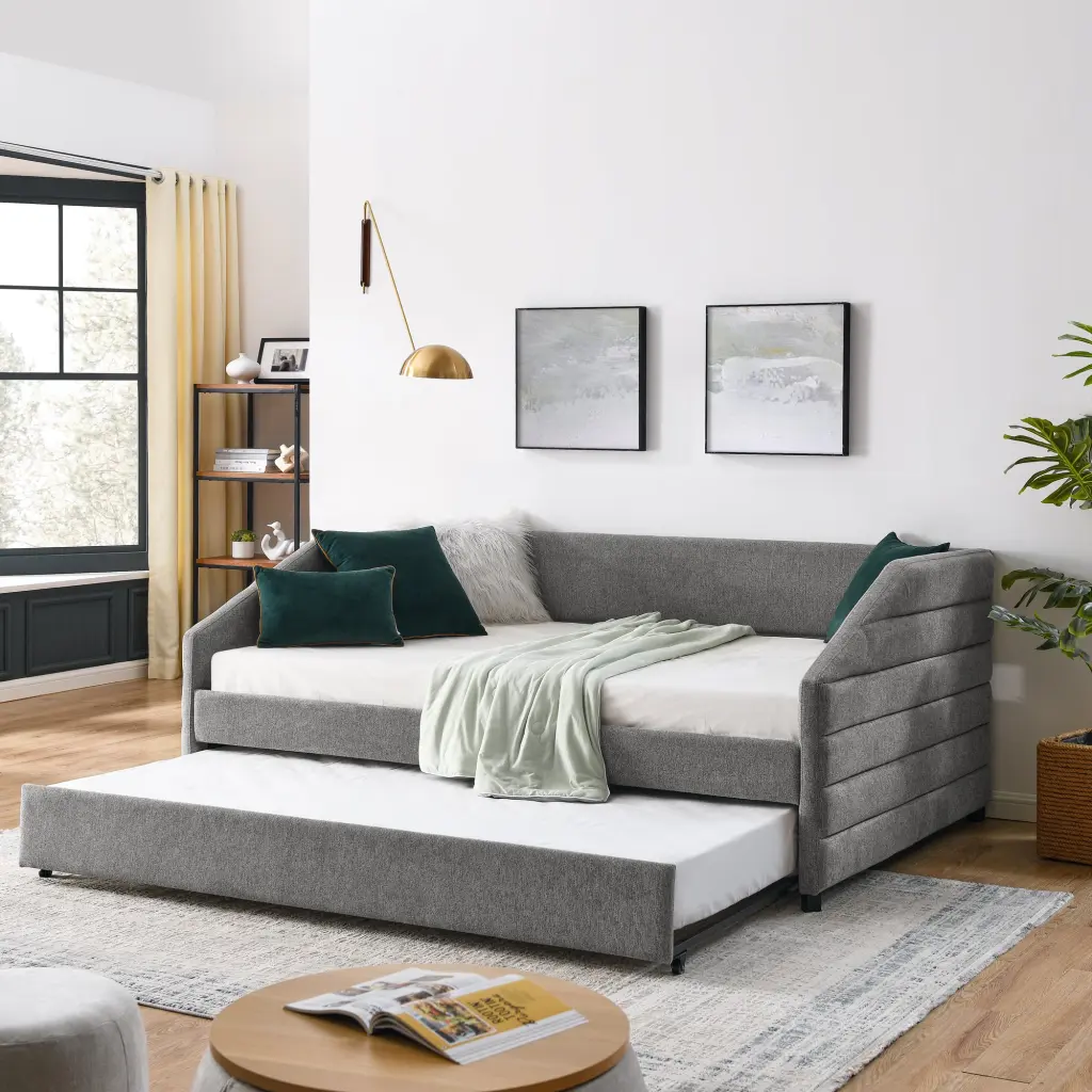 Full Size Daybed Trundle Upholstered Tufted Sofa Bed Linen Fabric chuangyuan smart home