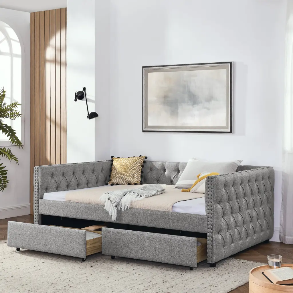 Upholstered Full Size Daybed Two Drawers Button Tufted Copper Legs chuangyuan smart home