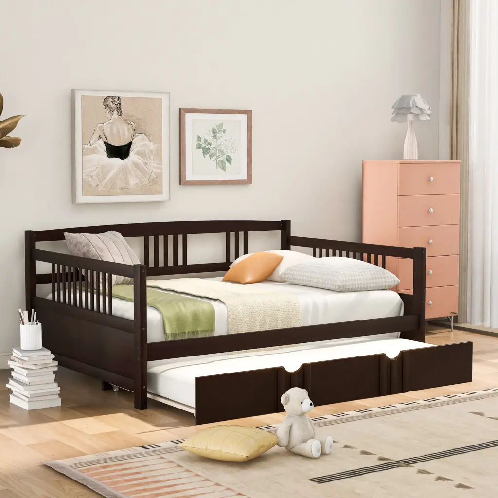 Full Size Daybed Twin Trundle - Espresso Solid Wood Bed Frame Guest Room lucky furniture