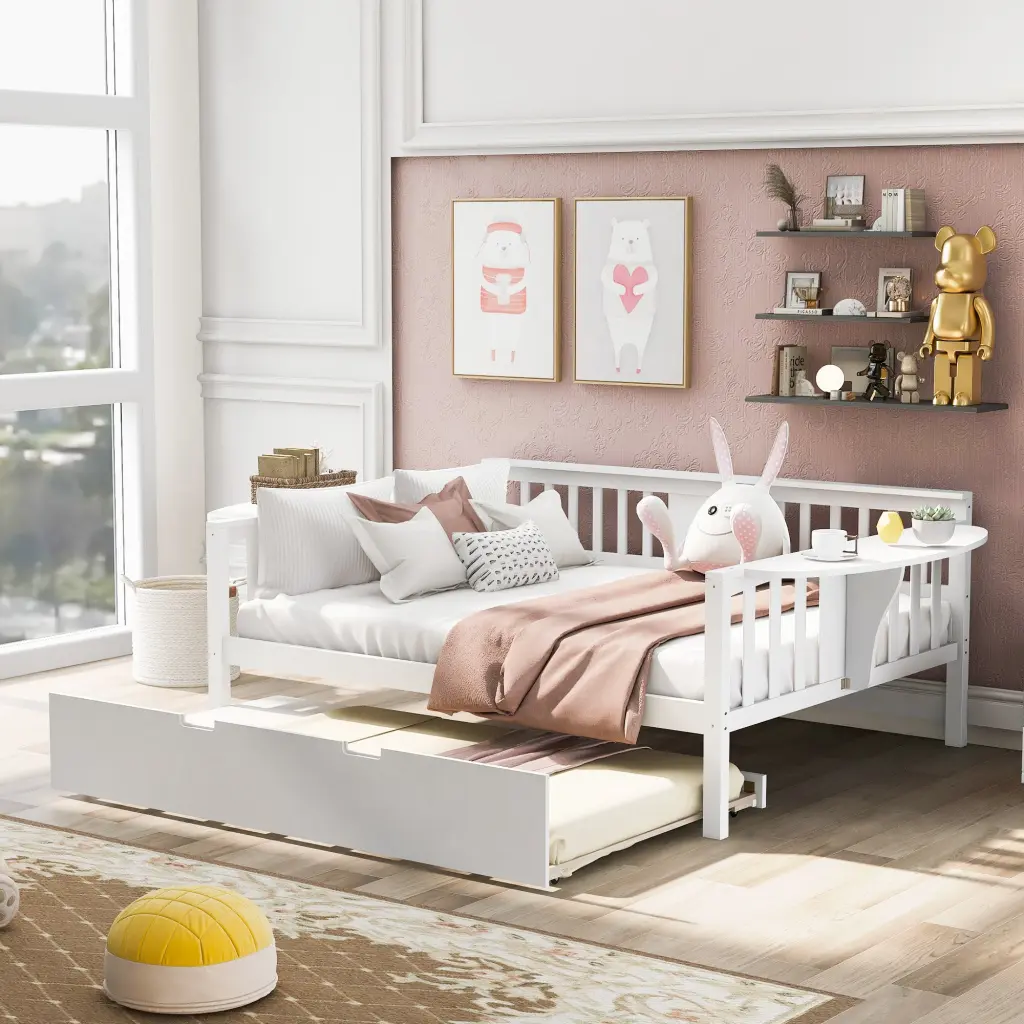 Full Size Daybed Twin Trundle Wood Slat Support White lucky furniture