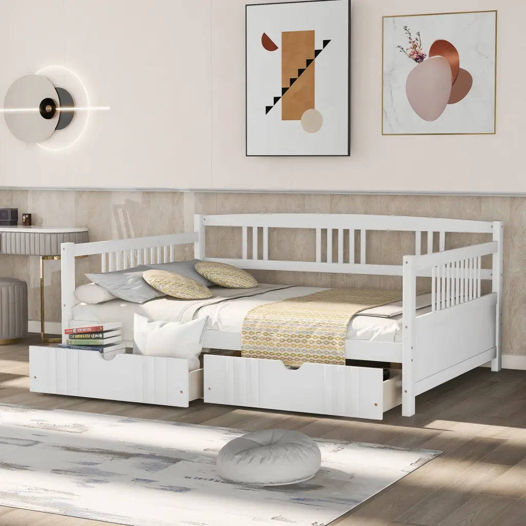 Full Size Daybed Wood Bed Two Drawers White lucky furniture