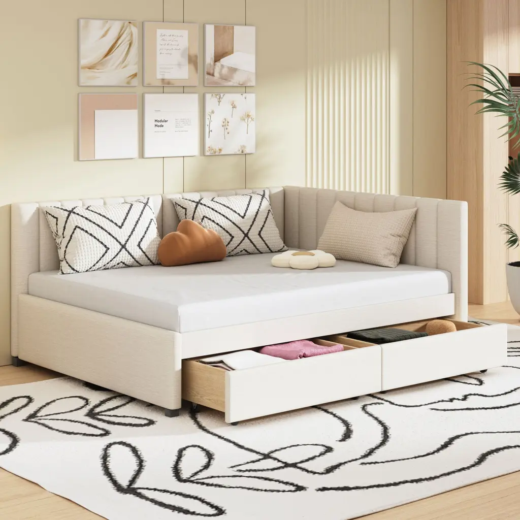 Full Size Upholstered Daybed 2 Storage Drawers Sofa Bed Frame No Assembly Required lucky furniture