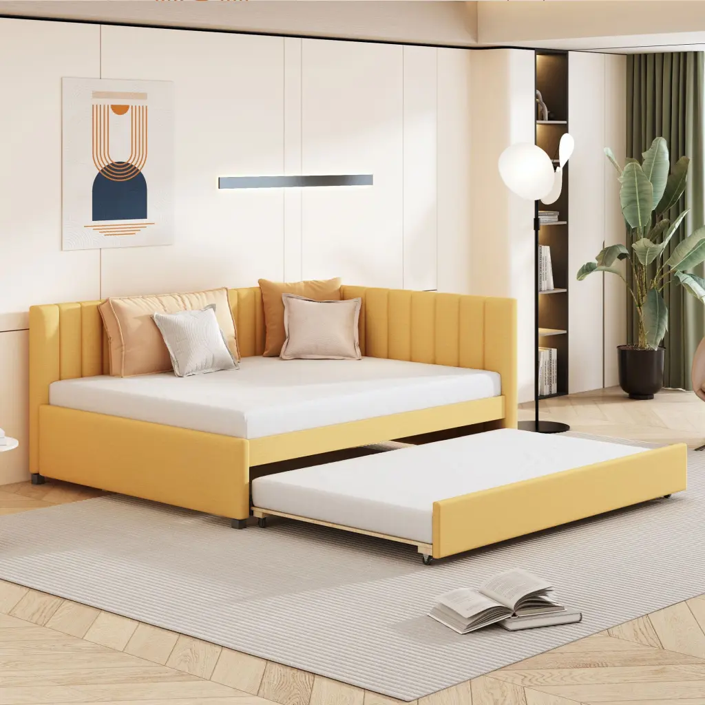 Full Size Upholstered Daybed Trundle Sofa Bed Frame No Box Spring Needed lucky furniture