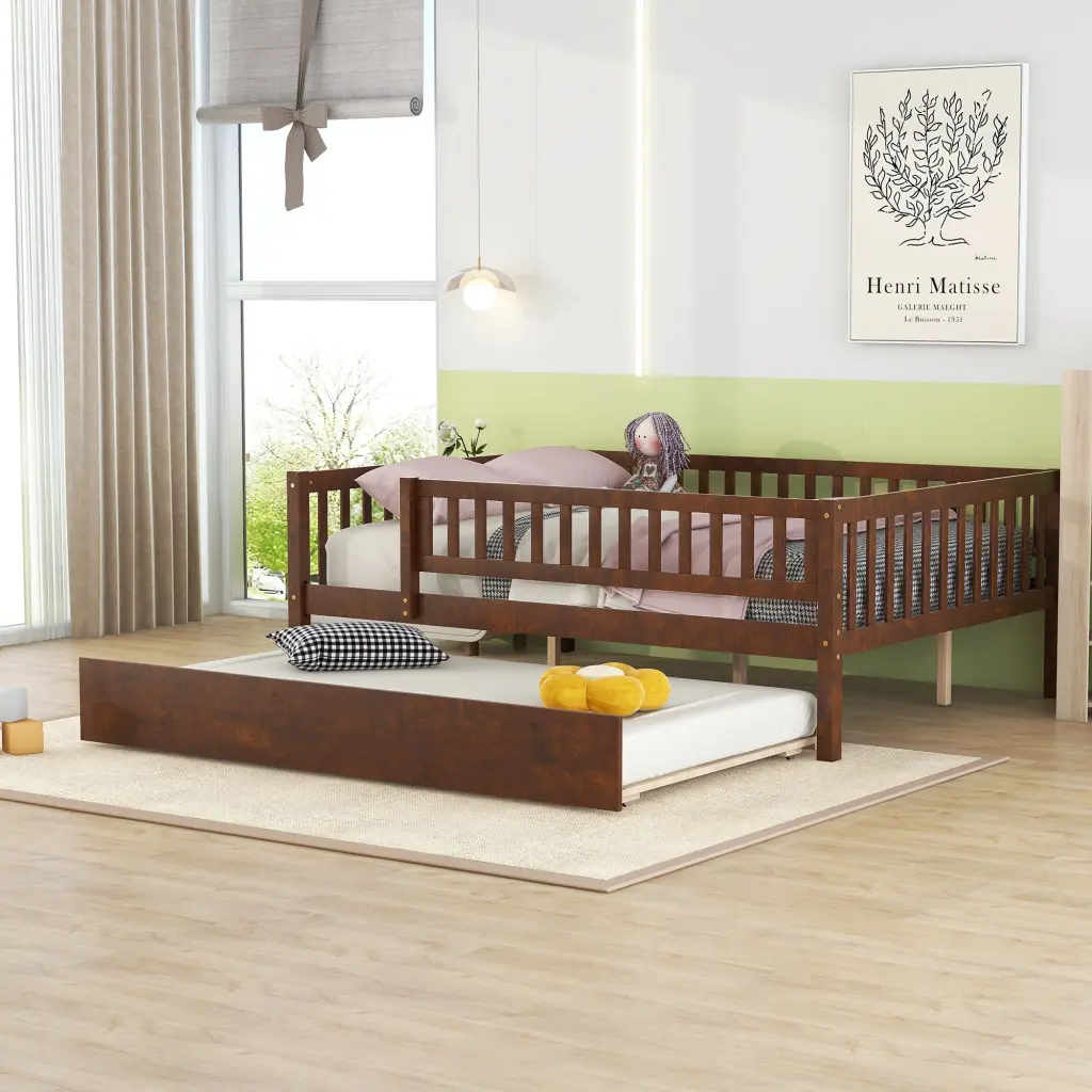 Full Size Wood Daybed Trundle And Fence Guardrails, Walnut Finish lucky furniture