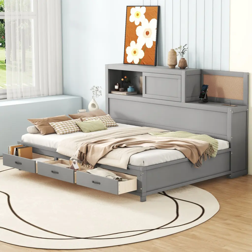 Full Size Wooden Daybed 3 Storage Drawers, Upper Soft Board, Shelf lucky furniture