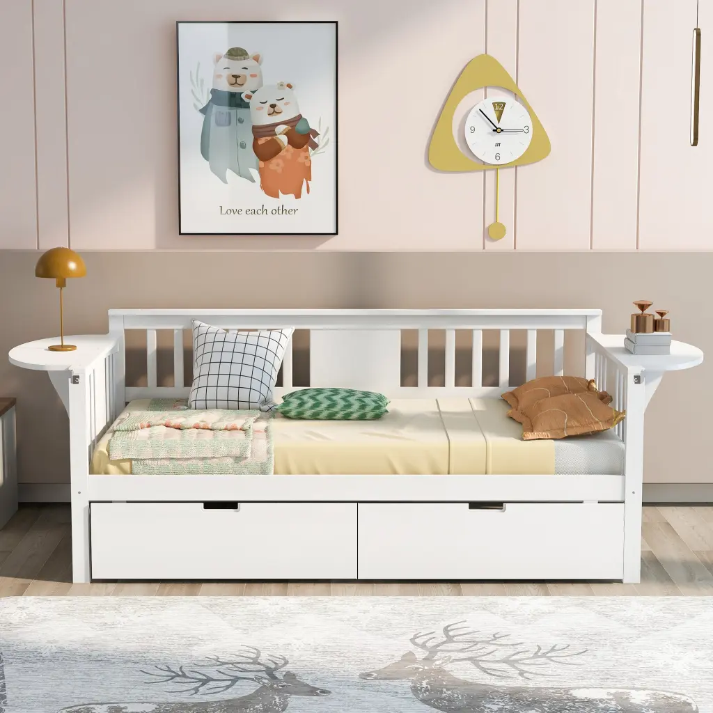 Twin Size Daybed Two Drawers Wood Slat Support White Solid Wood lucky furniture