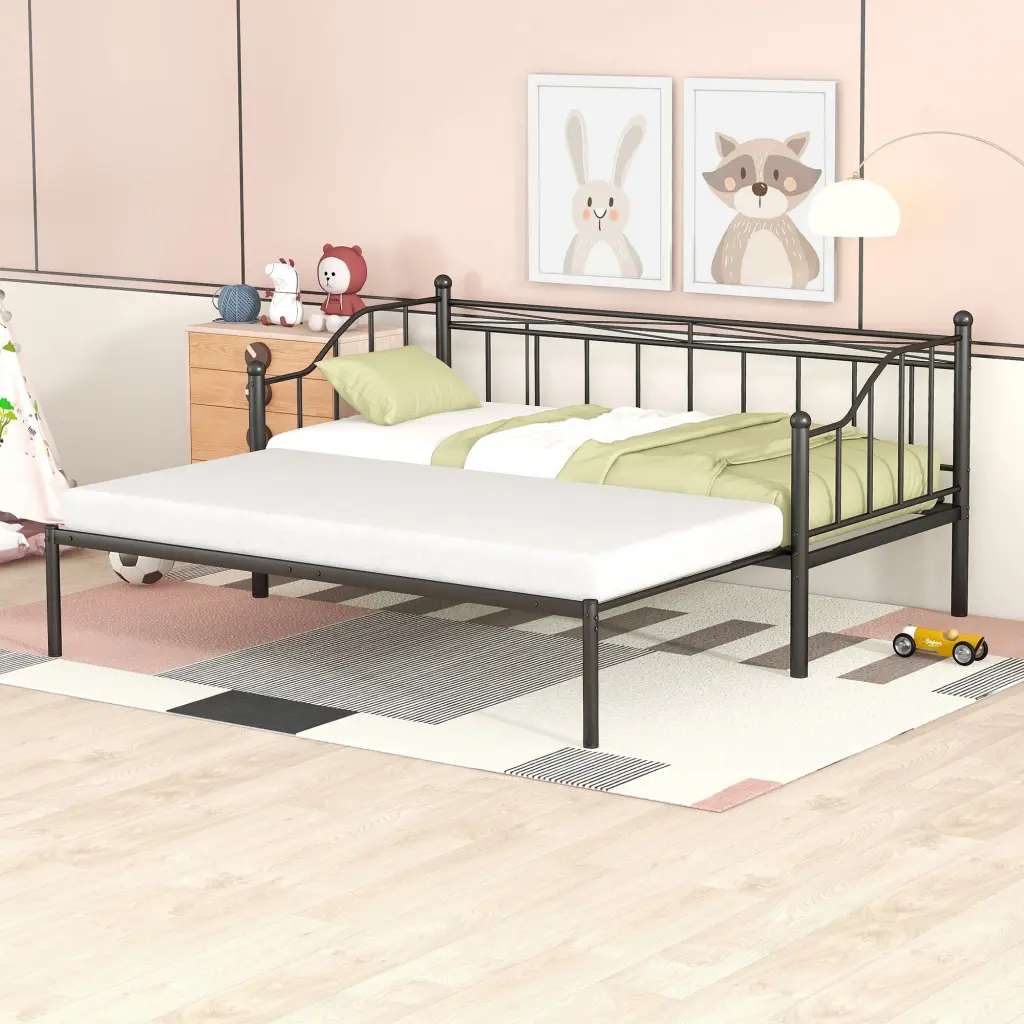 Twin Size Metal Daybed Trundle Slat Support No Box Required Space Saving Bed lucky furniture