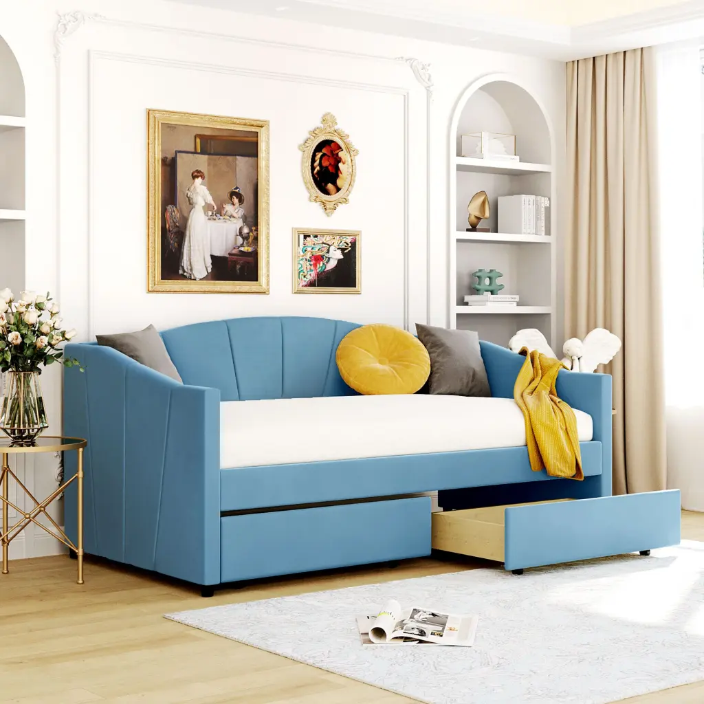 Upholstered Daybed Twin Size Two Drawers And Wood Slat Blue lucky furniture