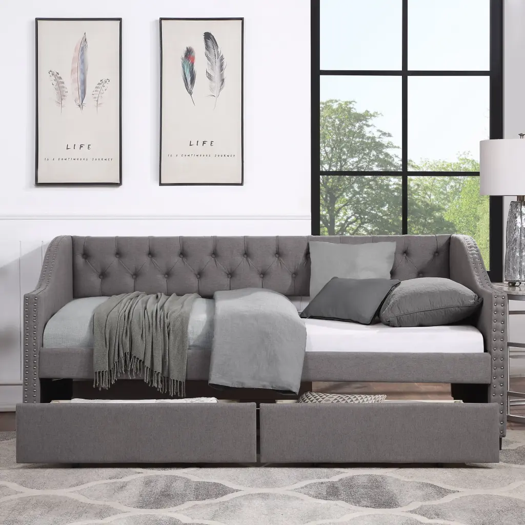 Upholstered Twin Size Daybed Two Drawers Wood Slat Substantiate Gray lucky furniture