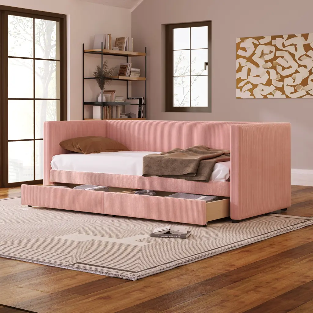 Twin Size Corduroy Daybed Two Drawers And Wood Slat Pink lucky world