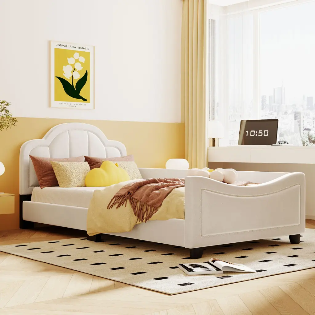 Twin Size Upholstered Daybed Cloud Headboard and Embedded Elements lucky world