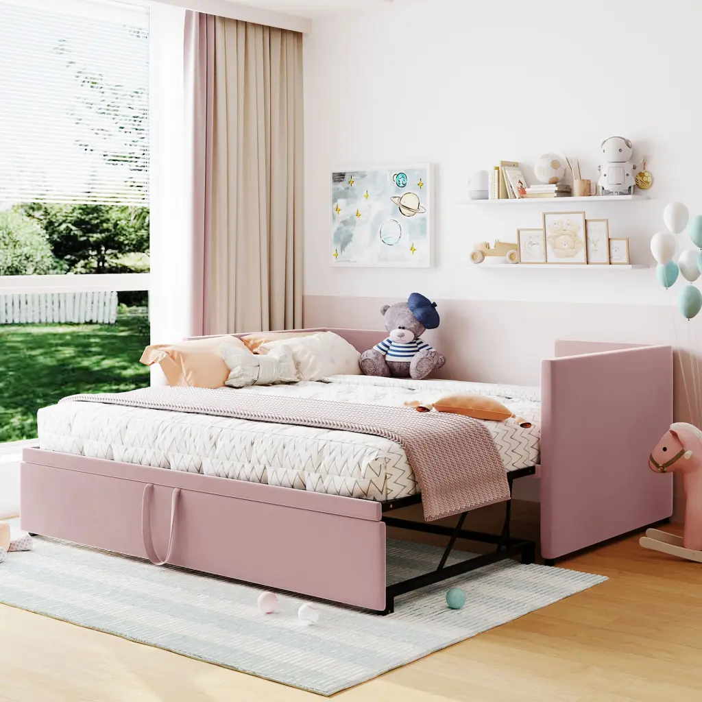 Twin Size Upholstered Daybed Pop Up Trundle Pink Bed lucky world