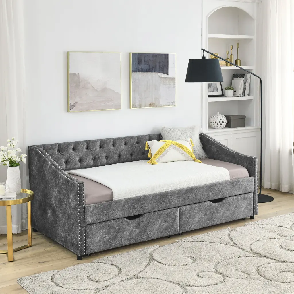 Twin Size Daybed Drawers Upholstered Tufted Sofa Bed royal star