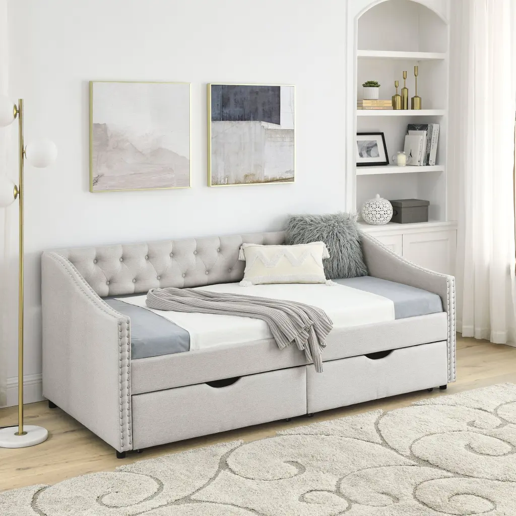 Twin Size Daybed Drawers Upholstered Tufted Sofa Bed Buttons royal star