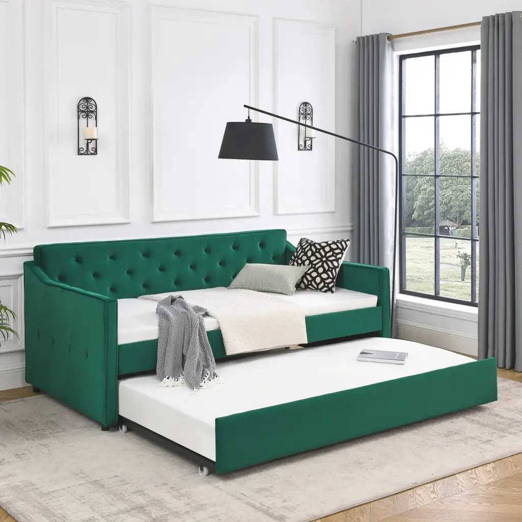 Twin Size Daybed Twin Size Trundle Upholstered Tufted Sofa Bed, White royal star
