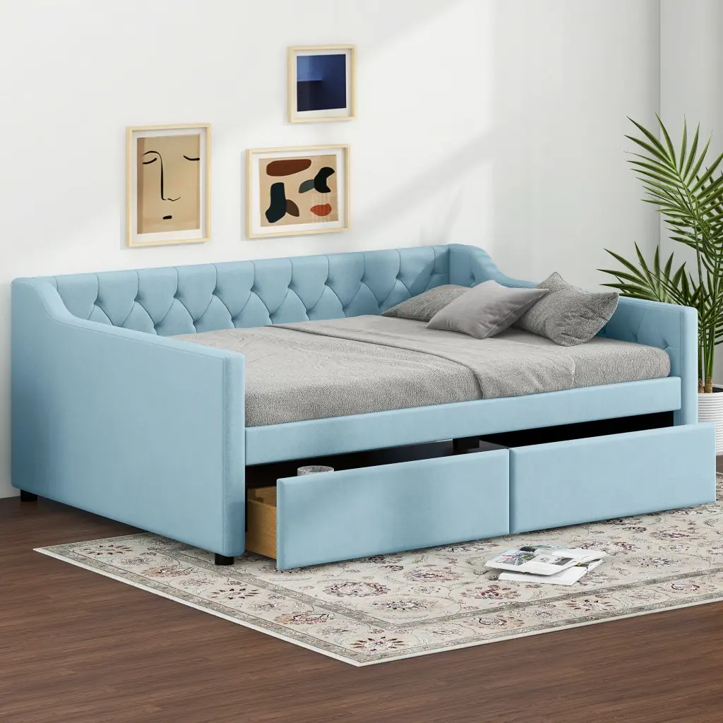 Full Size Upholstered Tufted Daybed 2 Drawers Blue Box Spring wm dreamland