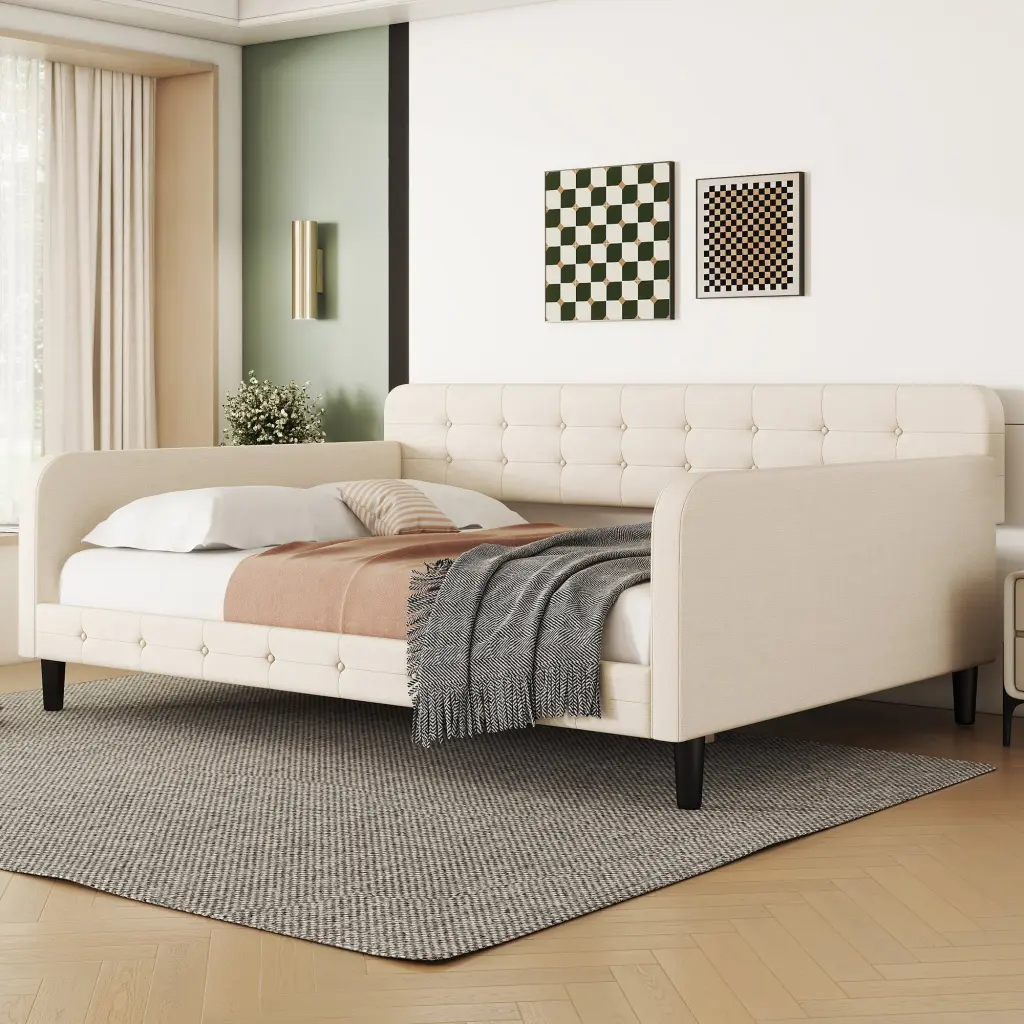 Full Size Upholstered Tufted Daybed 4 Substantial Legs Beige Box Spring wm dreamland