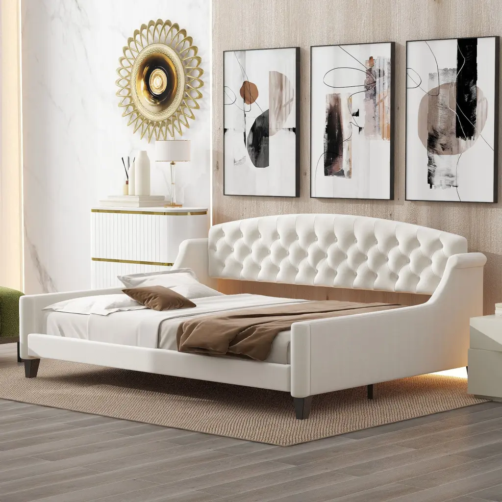 Modern Premium Tufted Button Daybed Full Size Beige No Box Spring Required wm store