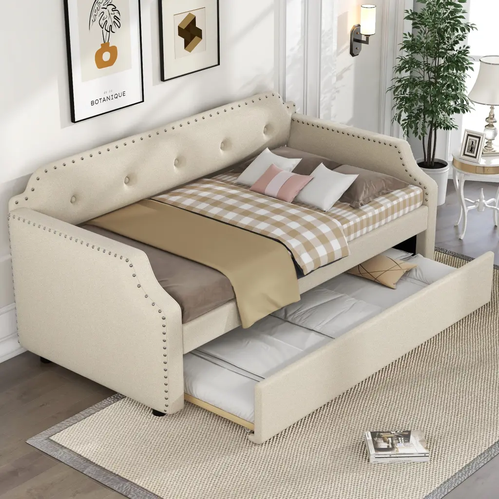 Upholstered Daybed Trundle Wood Slat Support Frame wm store