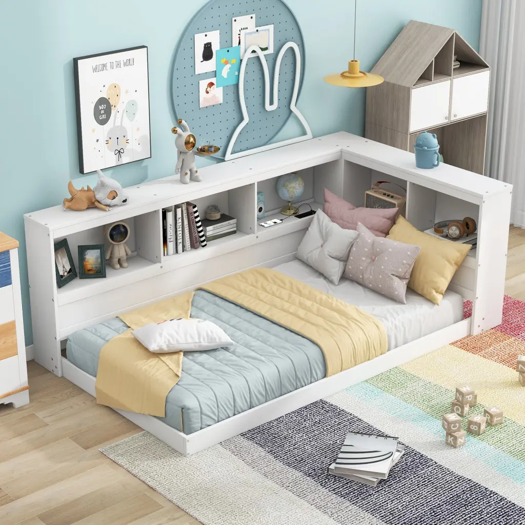 Wood Twin Size Daybed Storage Cabinets and USB Ports White Box Style wm store