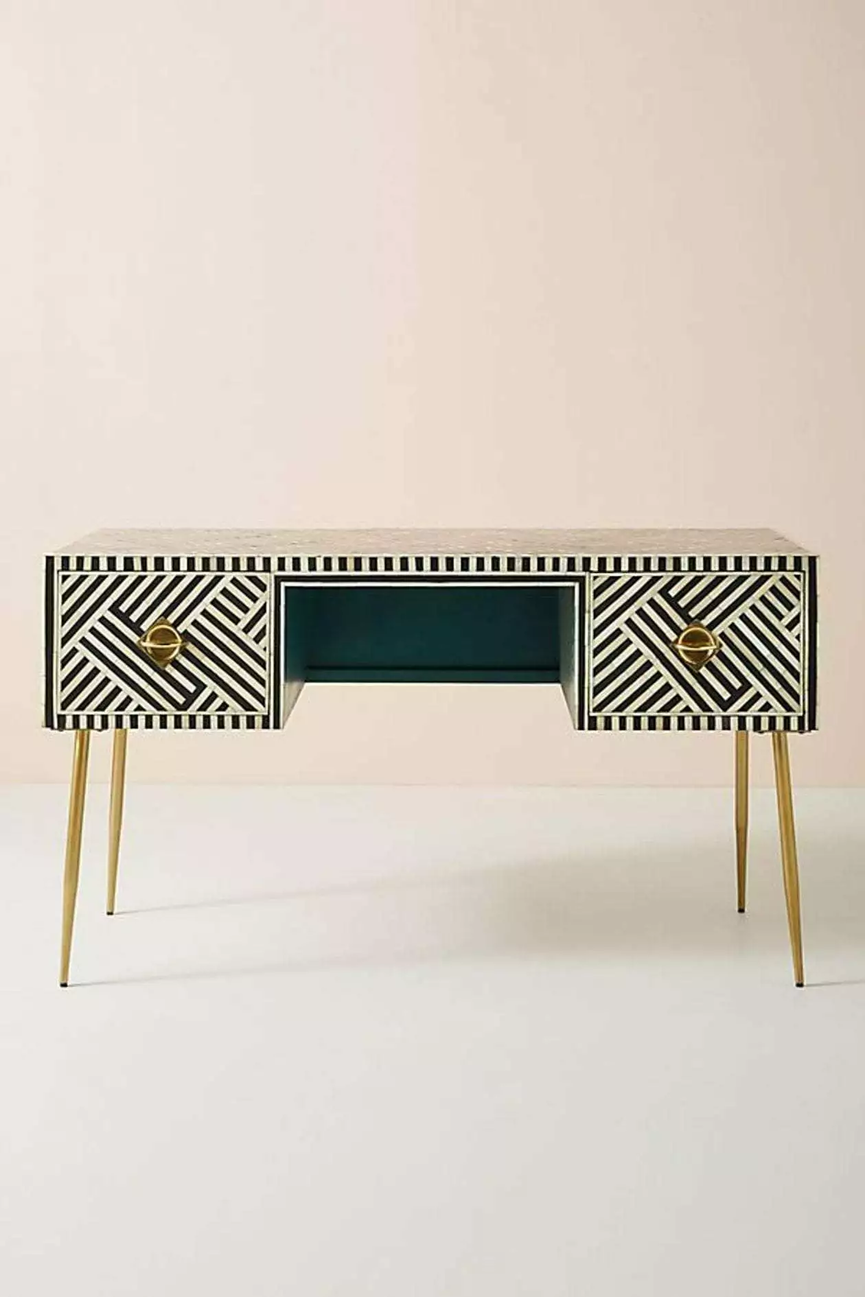 Optical Bone Inlay Desk 2 Drawers Black - Elegant Home Office Desk Luxury Handicrafts