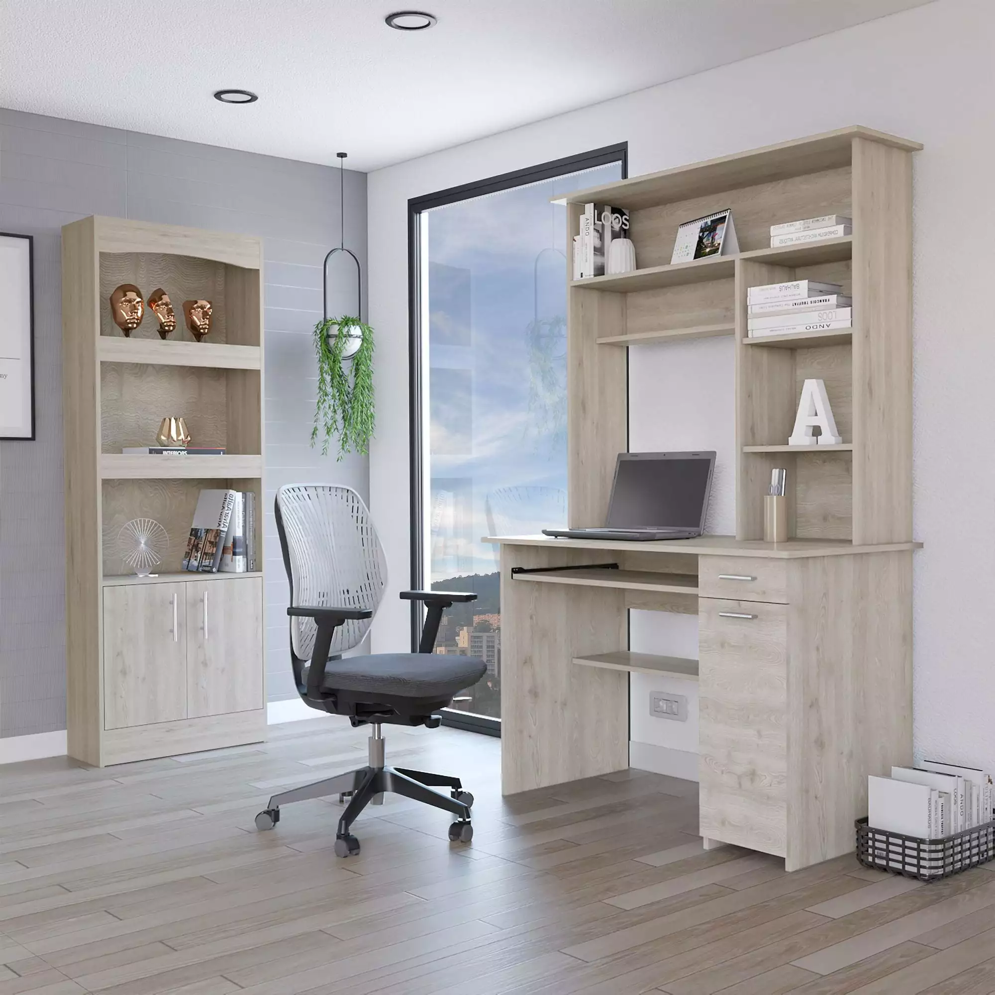FM FURNITURE Tucson 2 Piece Office Set Bookcase and Desk Gray Engineered Wood - Home Office Furniture