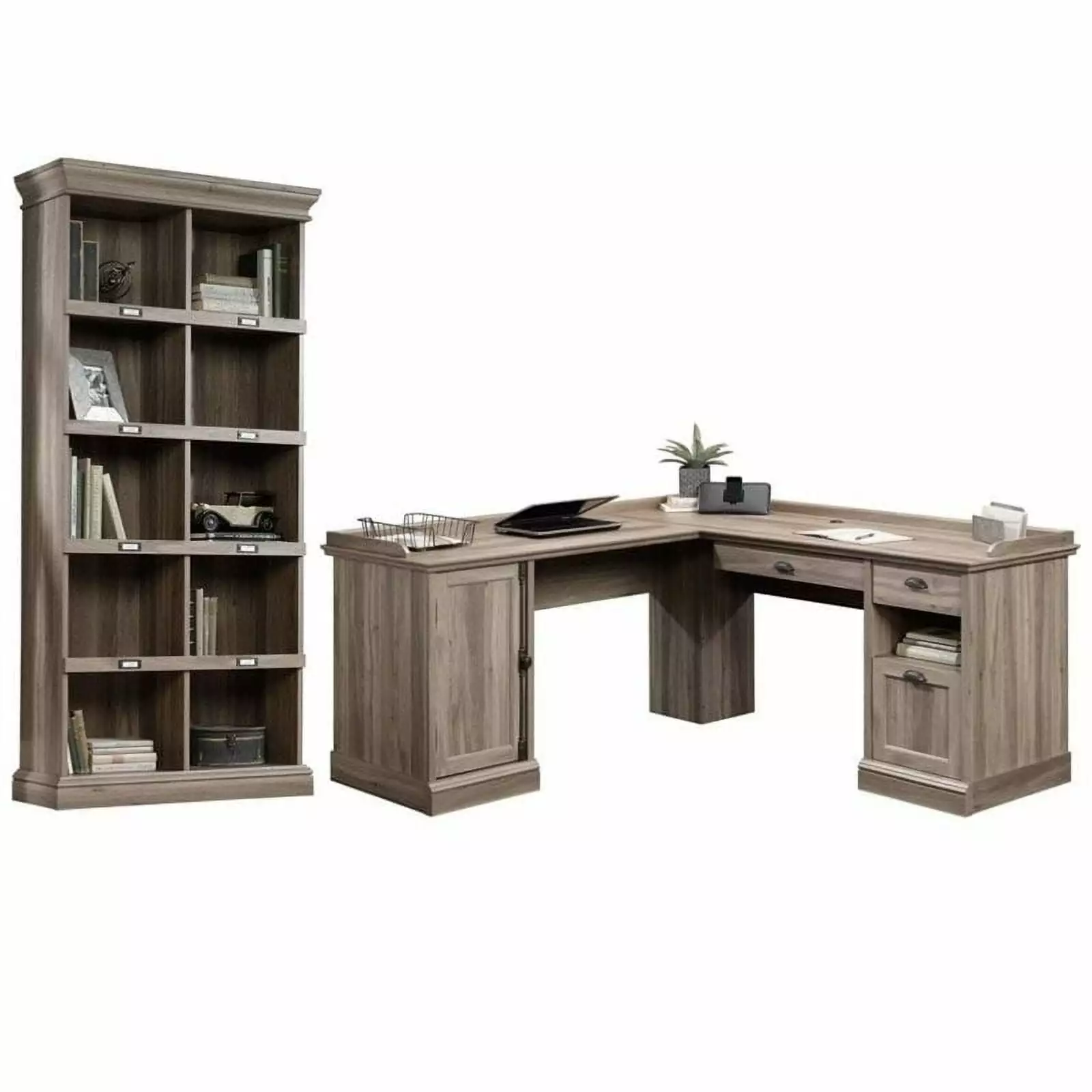 2 Piece Office Set L-Shaped Desk and Bookcase Salt Oak - Complete Home Office Solution Home Square